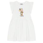 Girls White Teddy Bear & Flowers Dress, 1, hi-res