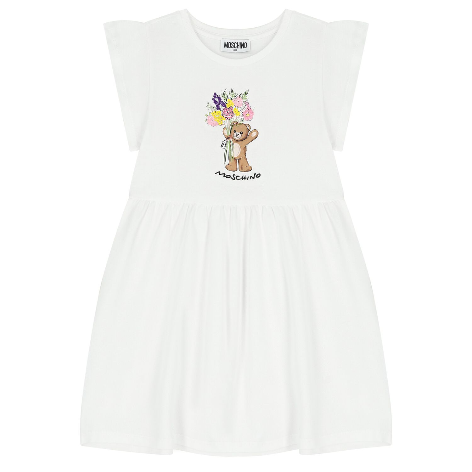 Girls White Teddy Bear & Flowers Dress, 1, hi-res