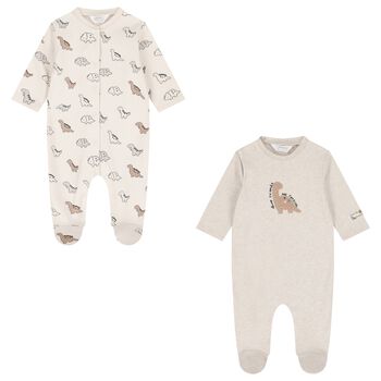 Baby Boys Ivory & Beige Dinosaur Babygrows ( 2-Pack )
