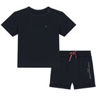 Baby Boys Navy Blue Logo Shorts Set, 1, hi-res