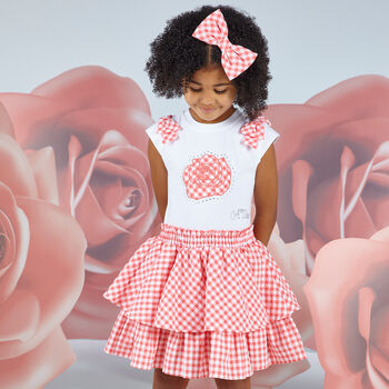 Girls White & Coral Rose Dress