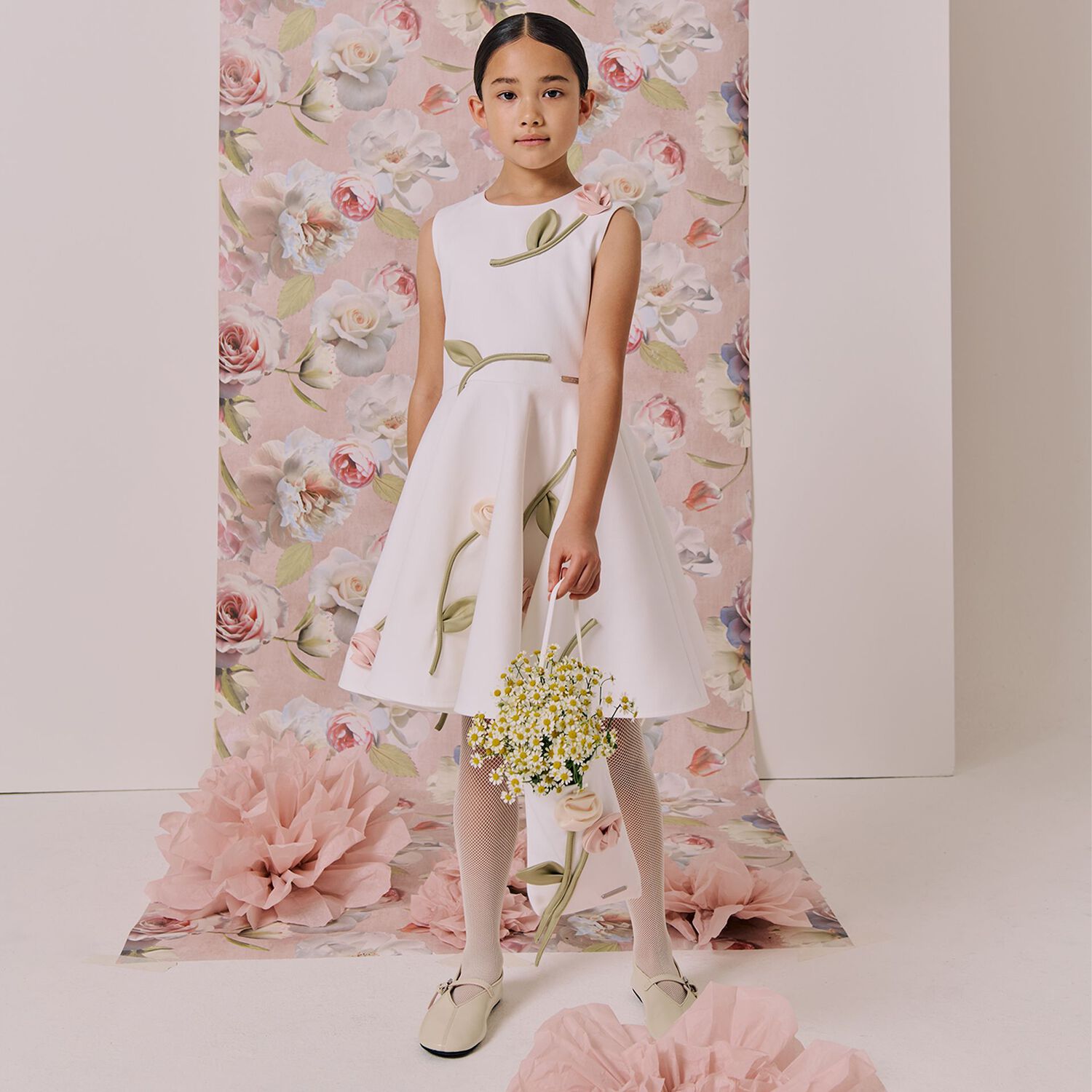 Girls White Rose Satin Dress, 1, hi-res
