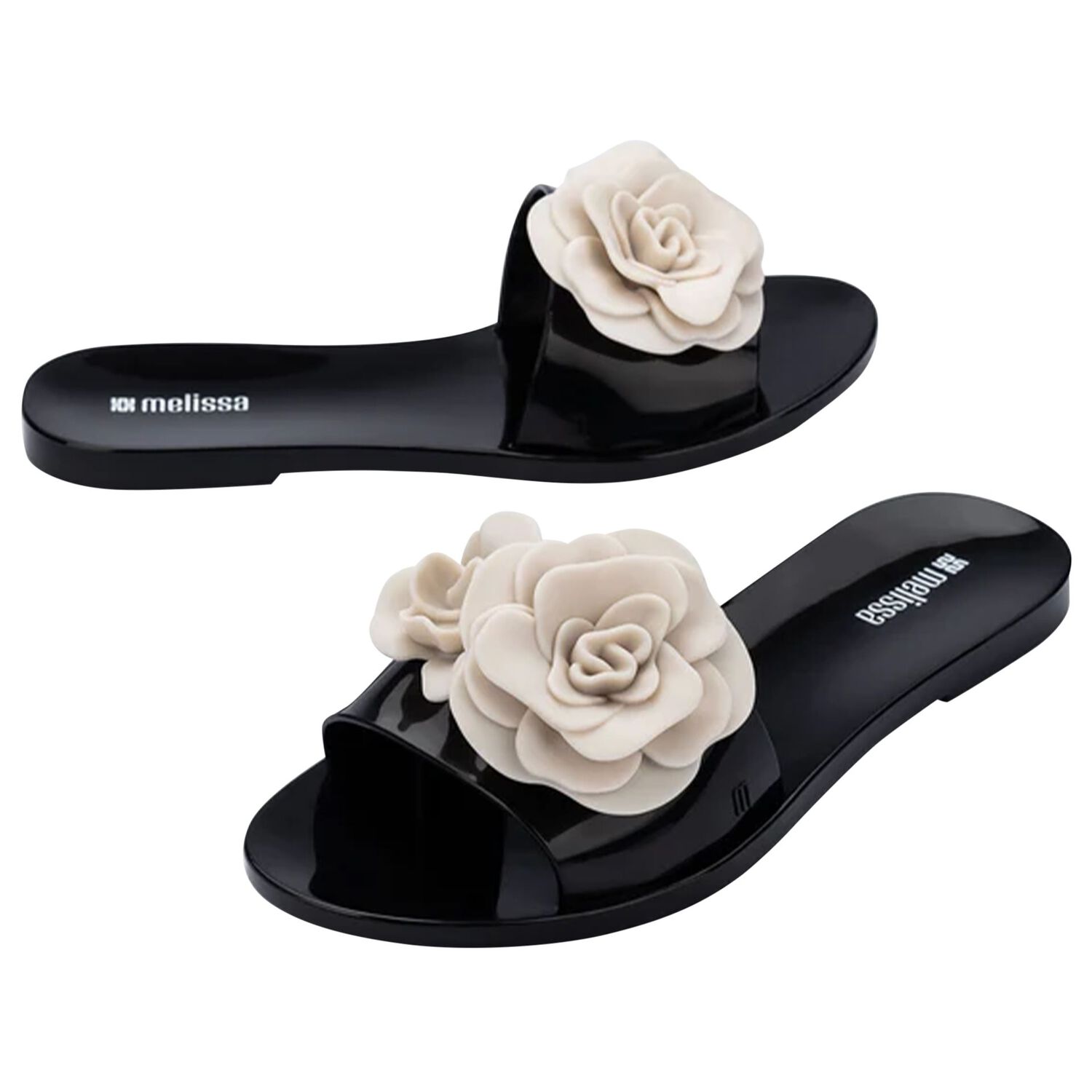 Girls Black & Beige Logo Flower Flip Flops, 1, hi-res