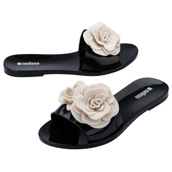 Girls Black & Beige Logo Flower Flip Flops