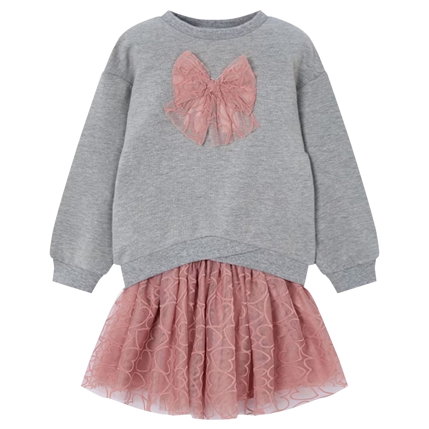 Girls Grey & Pink Bow Skirt Set, 2, hi-res