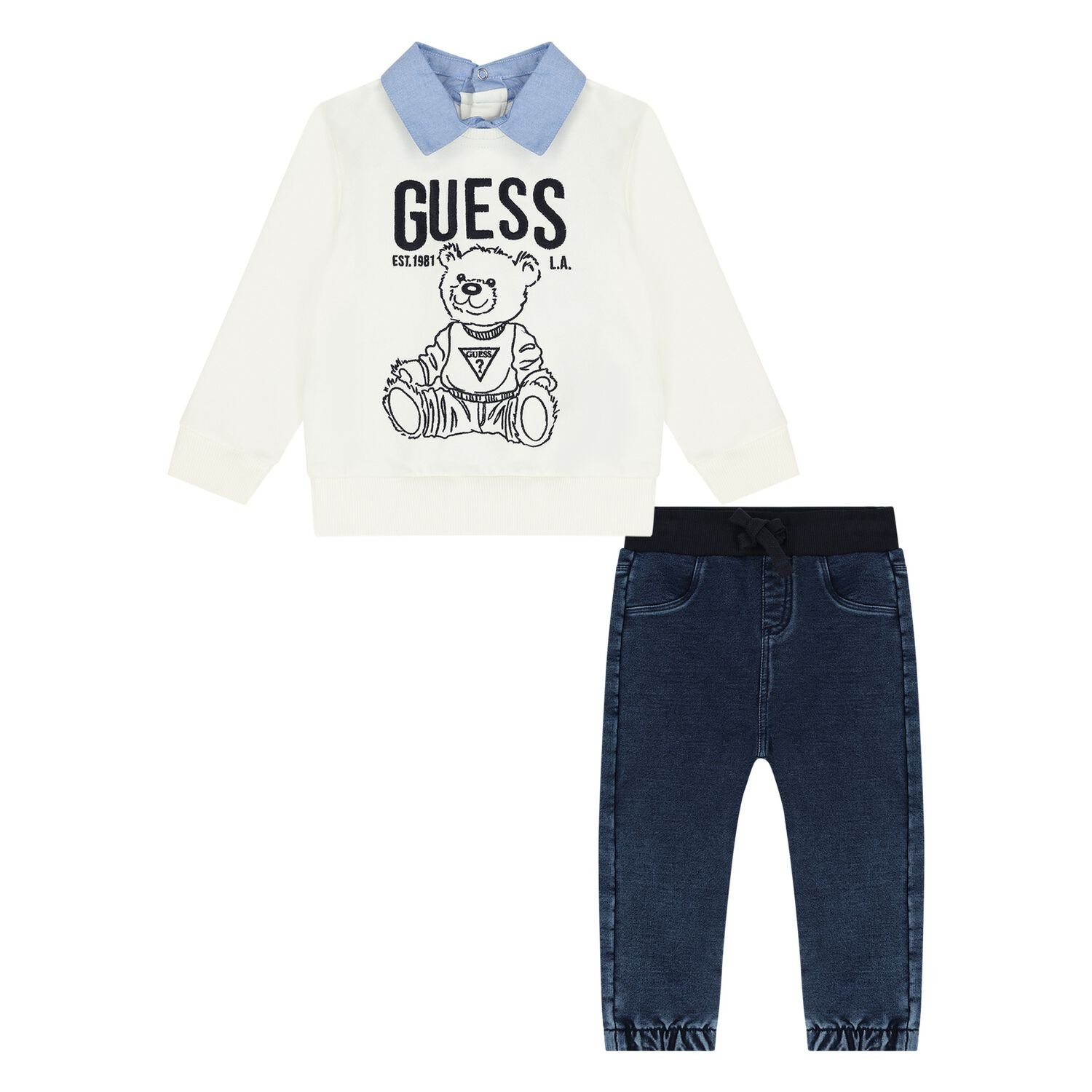 Baby Boys Ivory & Blue Teddy Bear Logo Trousers Set , 1, hi-res