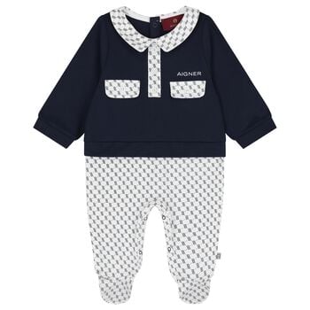 Baby Boys Navy Blue & White Logo Babygrow