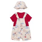 Baby Boys Red & Ivory Dungaree & Hat Set, 1, hi-res