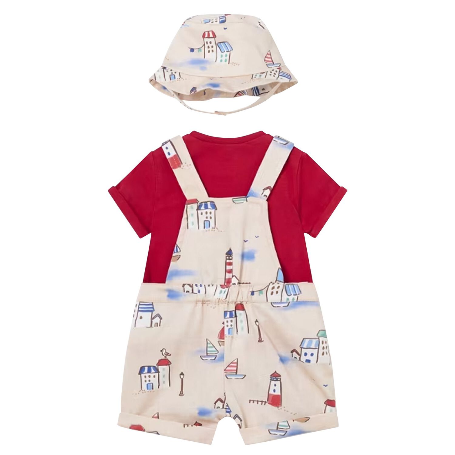 Baby Boys Red & Ivory Dungaree & Hat Set, 1, hi-res