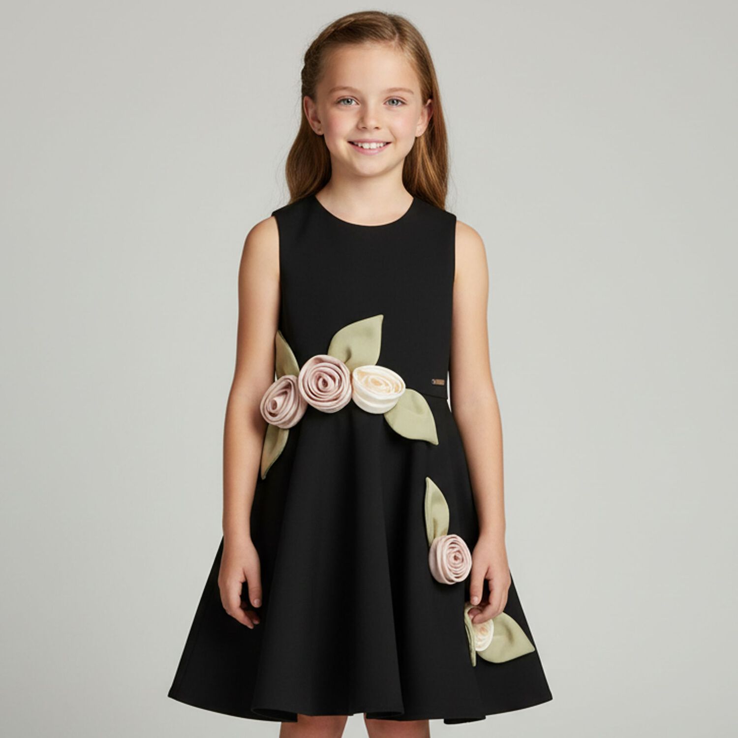 Girls Black Floral Dress, 1, hi-res