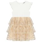Girls Ivory & Beige Sequin Tulle Dress, 1, hi-res