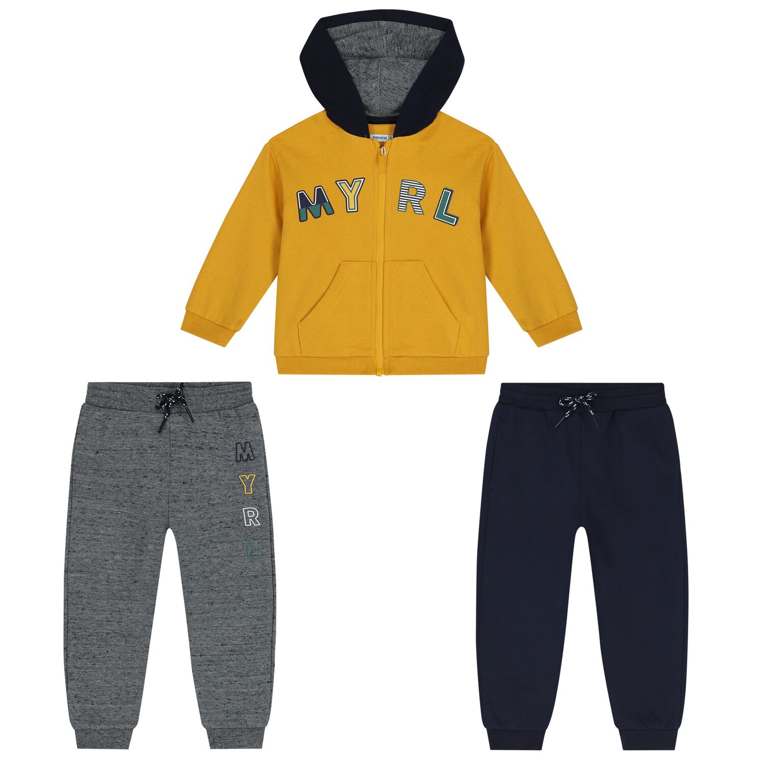 Younger Boys Navy Blue, Grey & Yellow 3 Piece Tracksuit Set, 1, hi-res image number null