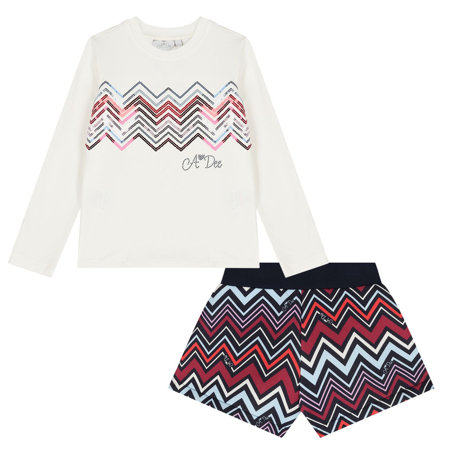 Girls Multi-Coloured Zig Zag Shorts Set, 1, hi-res