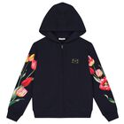 Girls Navy Blue Tulip & Logo Hooded Zip Up Top, 1, hi-res