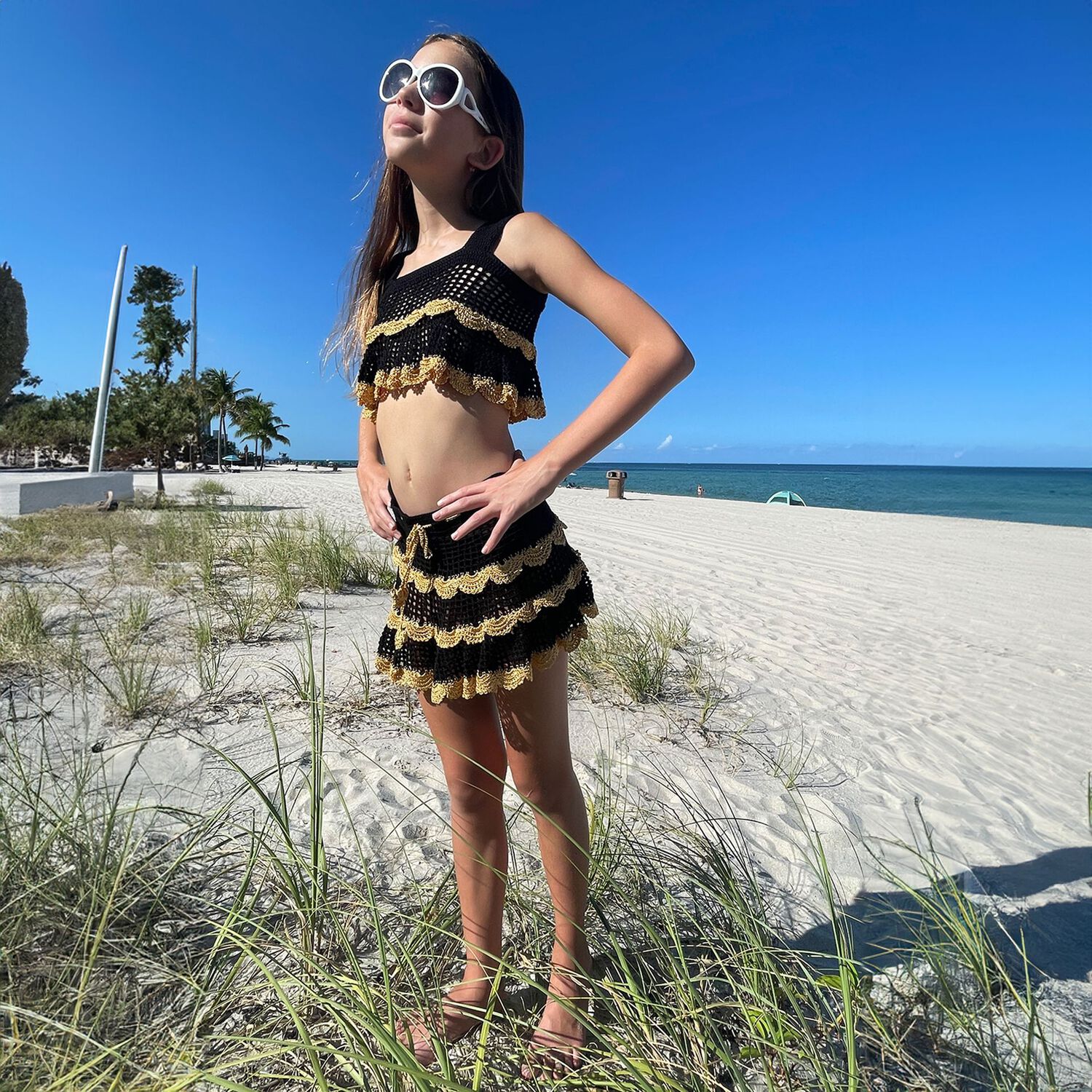 Girls Black & Gold Crochet Skirt, 1, hi-res