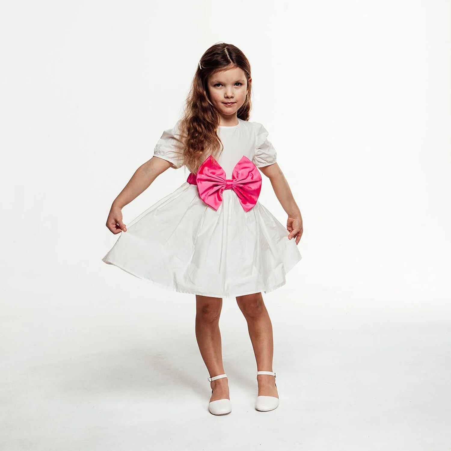 Girls White & Pink Bow Dress, 1, hi-res image number null