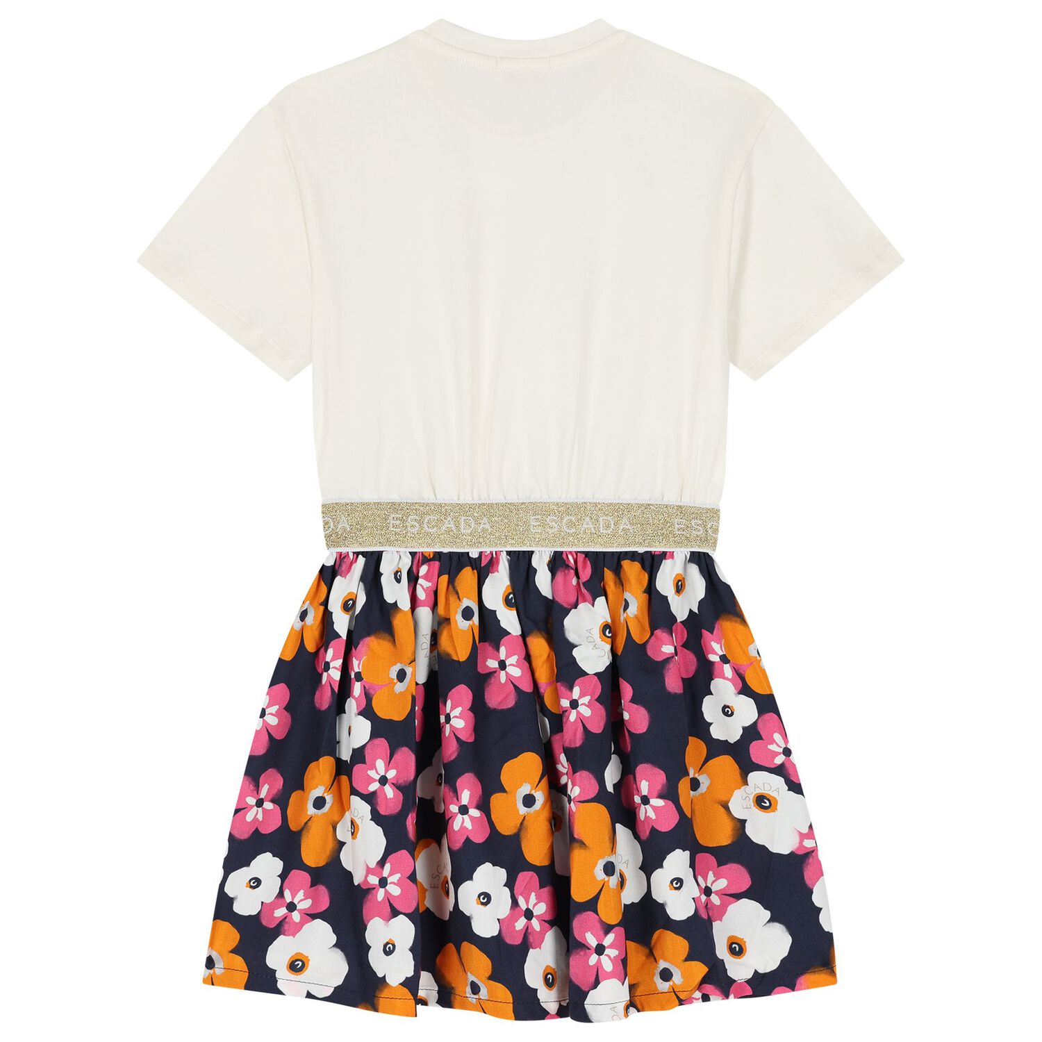 Girls Ivory & Navy Blue Logo Floral Dress, 1, hi-res
