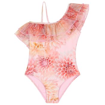 Girls Orange Floral Ruffle Swimsuit (UPF50+)
