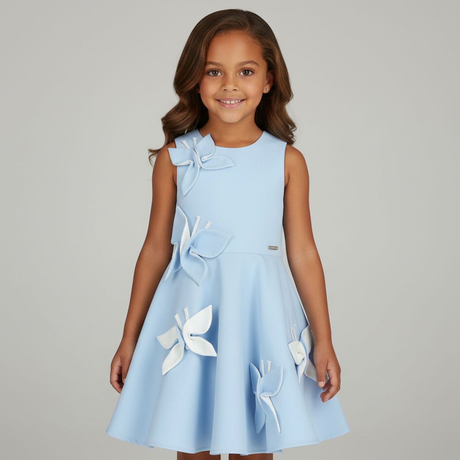 Girls Blue Butterfly Satin Dress, 2, hi-res
