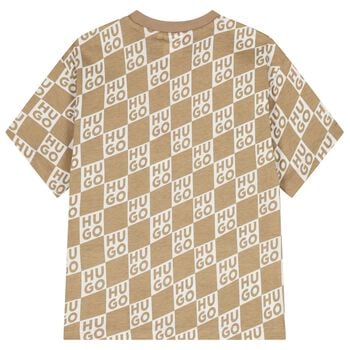 Boys Beige & White Check Logo T-Shirt