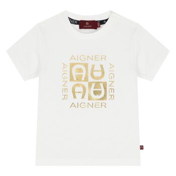 Younger Boys White & Gold Logo T-Shirt