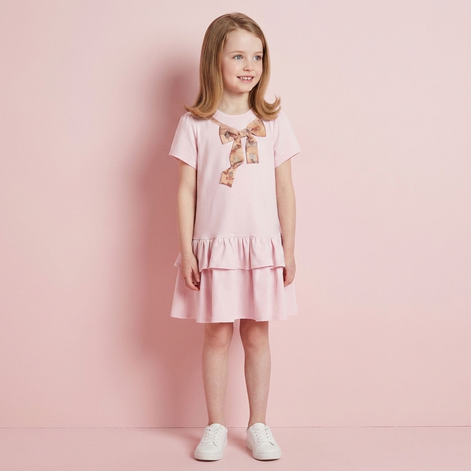 Girls Pink & Beige Bow Logo Dress, 3, hi-res