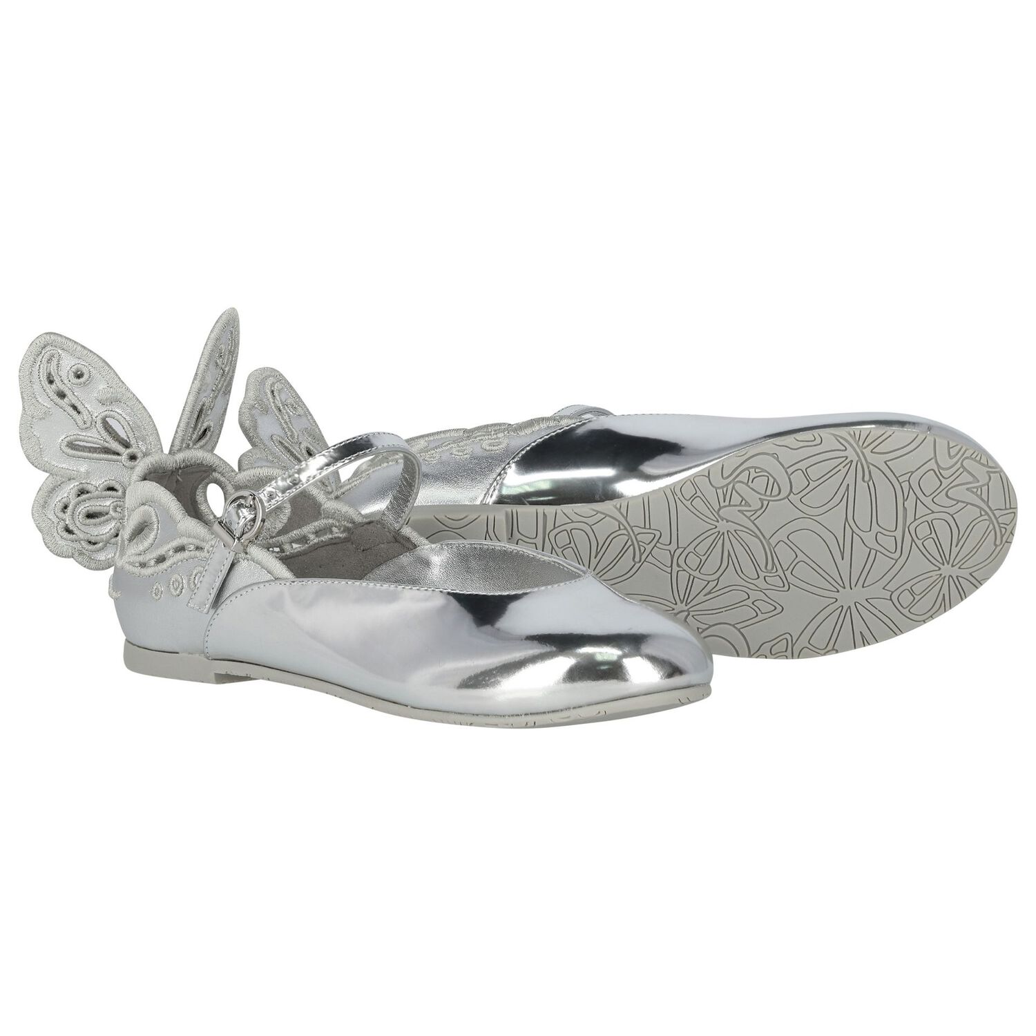 Girls Silver Butterfly Leather Shoes, 1, hi-res image number null