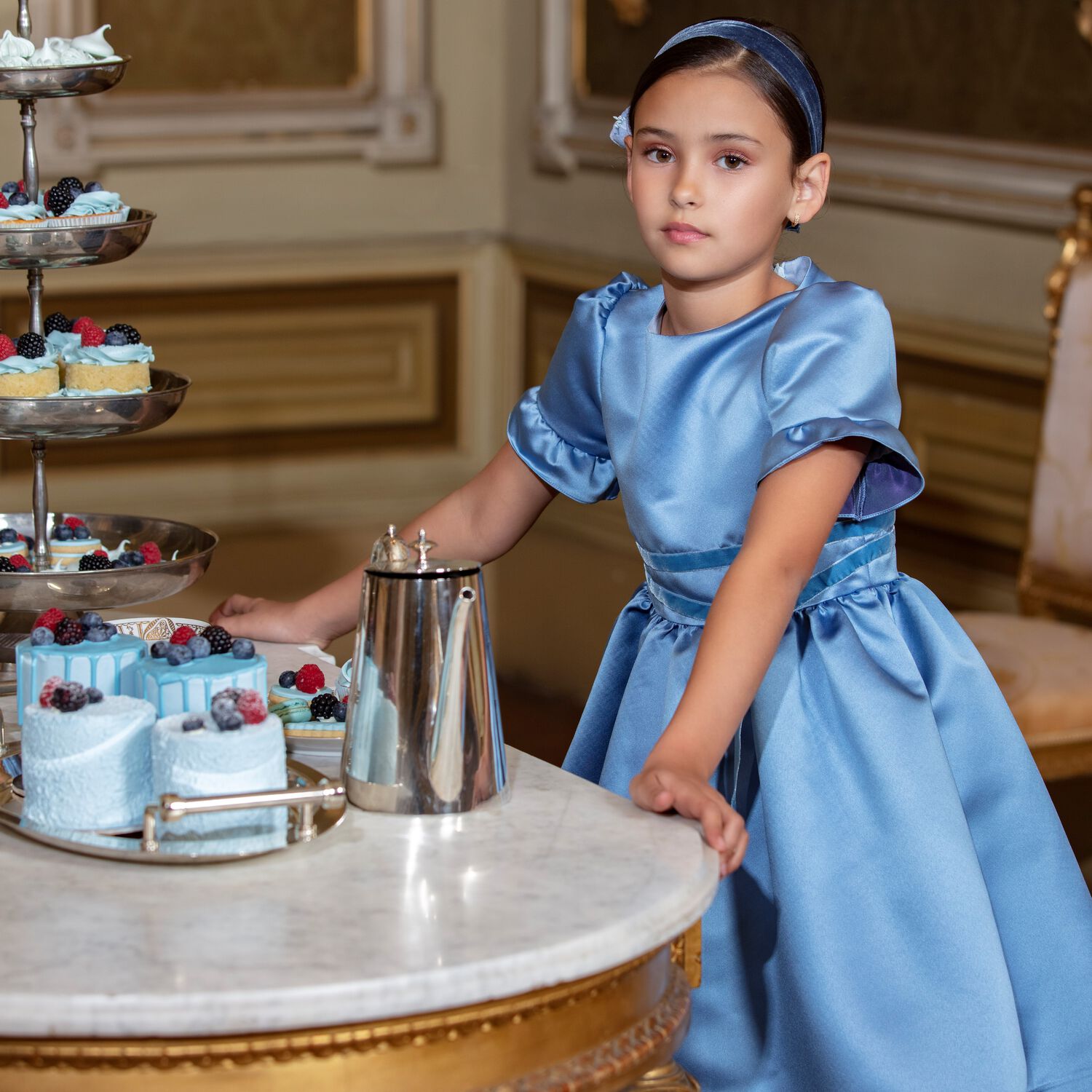 Girls Blue Bow Dress, 1, hi-res