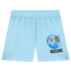 Younger Boys Blue Teddy Bear Logo Swim Shorts, 1, hi-res