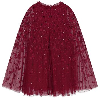 Girls Red Embroidered & Sequinned Tulle Cape Dress