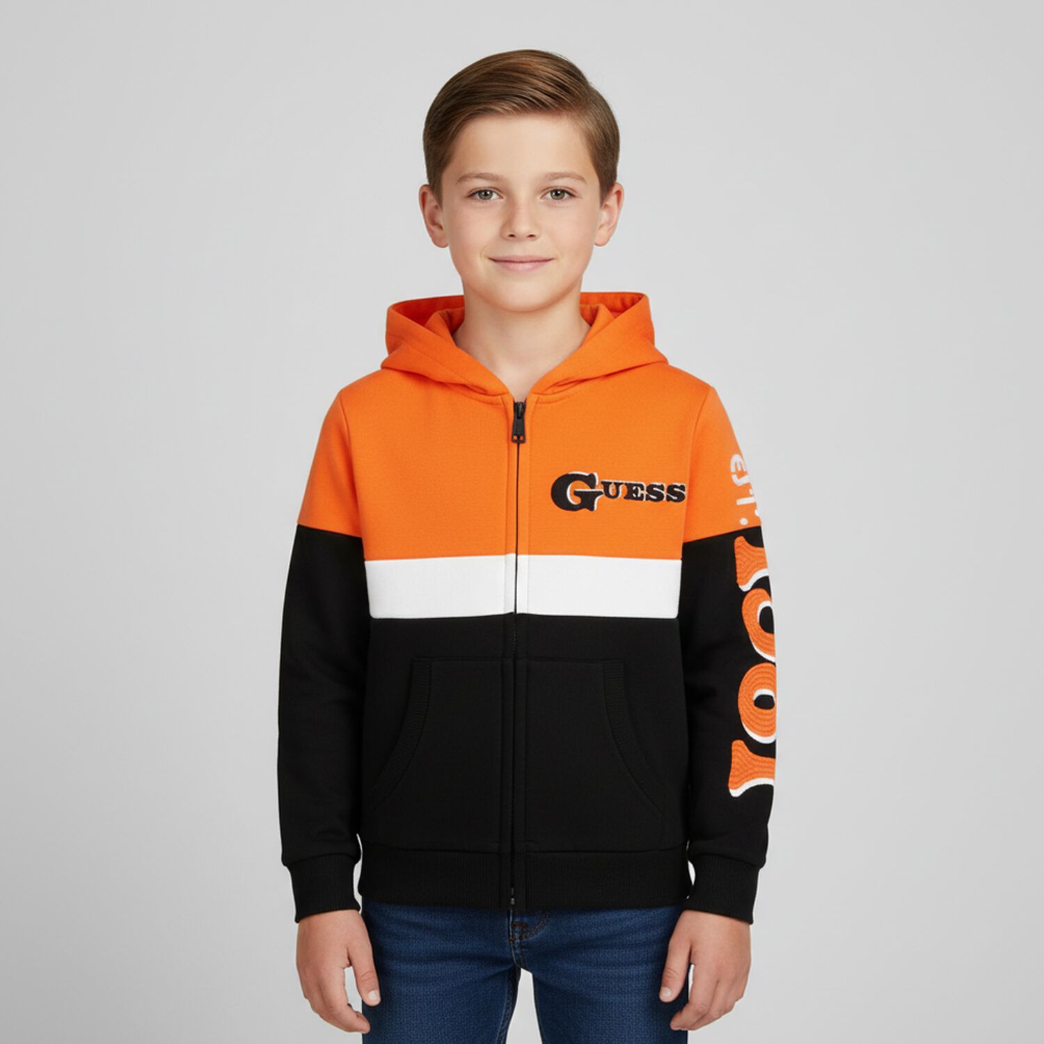 Boys Orange & Black Logo Hooded Zip Up Top, 1, hi-res image number null