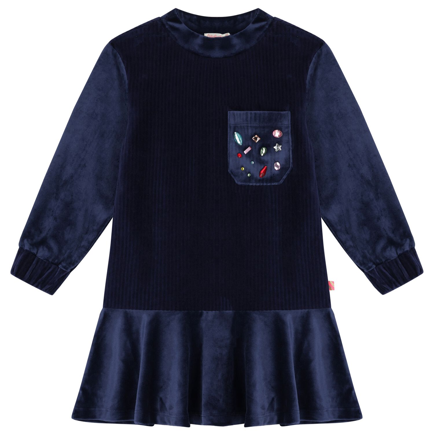 Girls Navy Blue Velvet Long Sleeve Dress, 1, hi-res