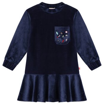 Girls Navy Blue Velvet Long Sleeve Dress