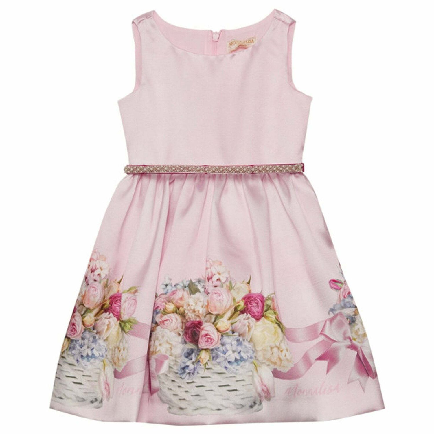 Girls Pink Floral Satin Dress, 1, hi-res