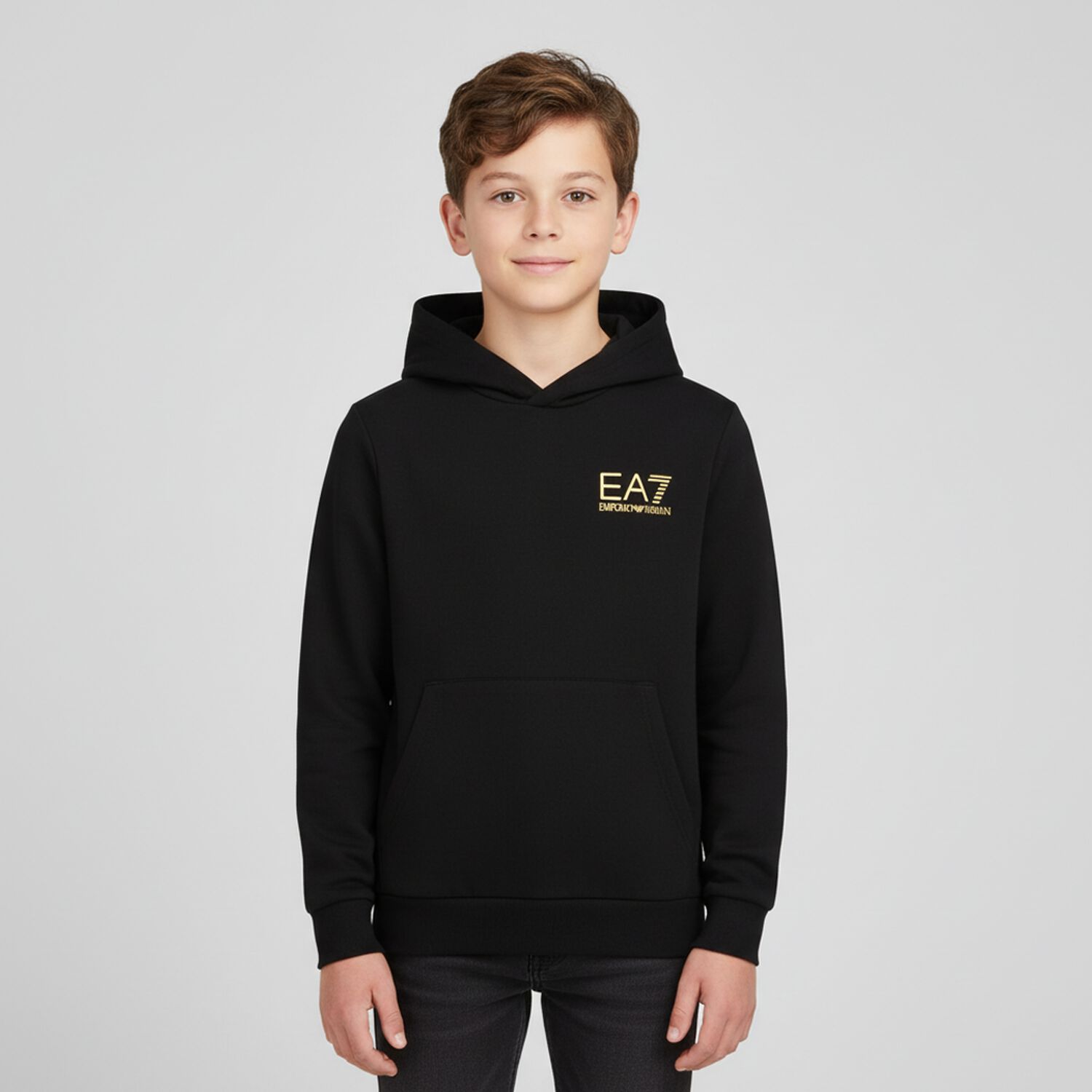 Boys Black Logo Hooded Top, 1, hi-res