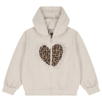 Girls Beige Heart Hooded Zip Up Top