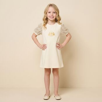 Younger Girls Ivory & Gold Bag Dress
