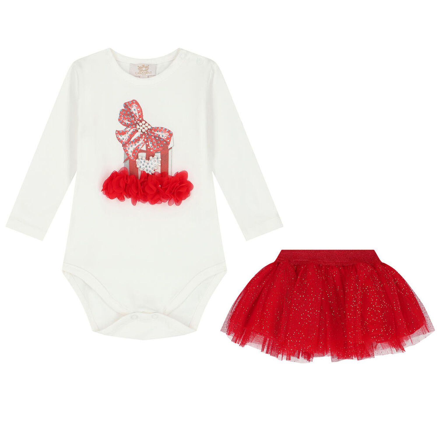 Baby Girls White & Red Tulle Skirt Set, 1, hi-res