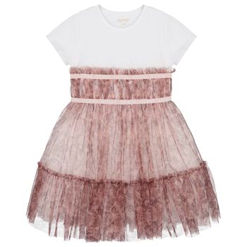 Girls White & Pink Logo Tulle Dress