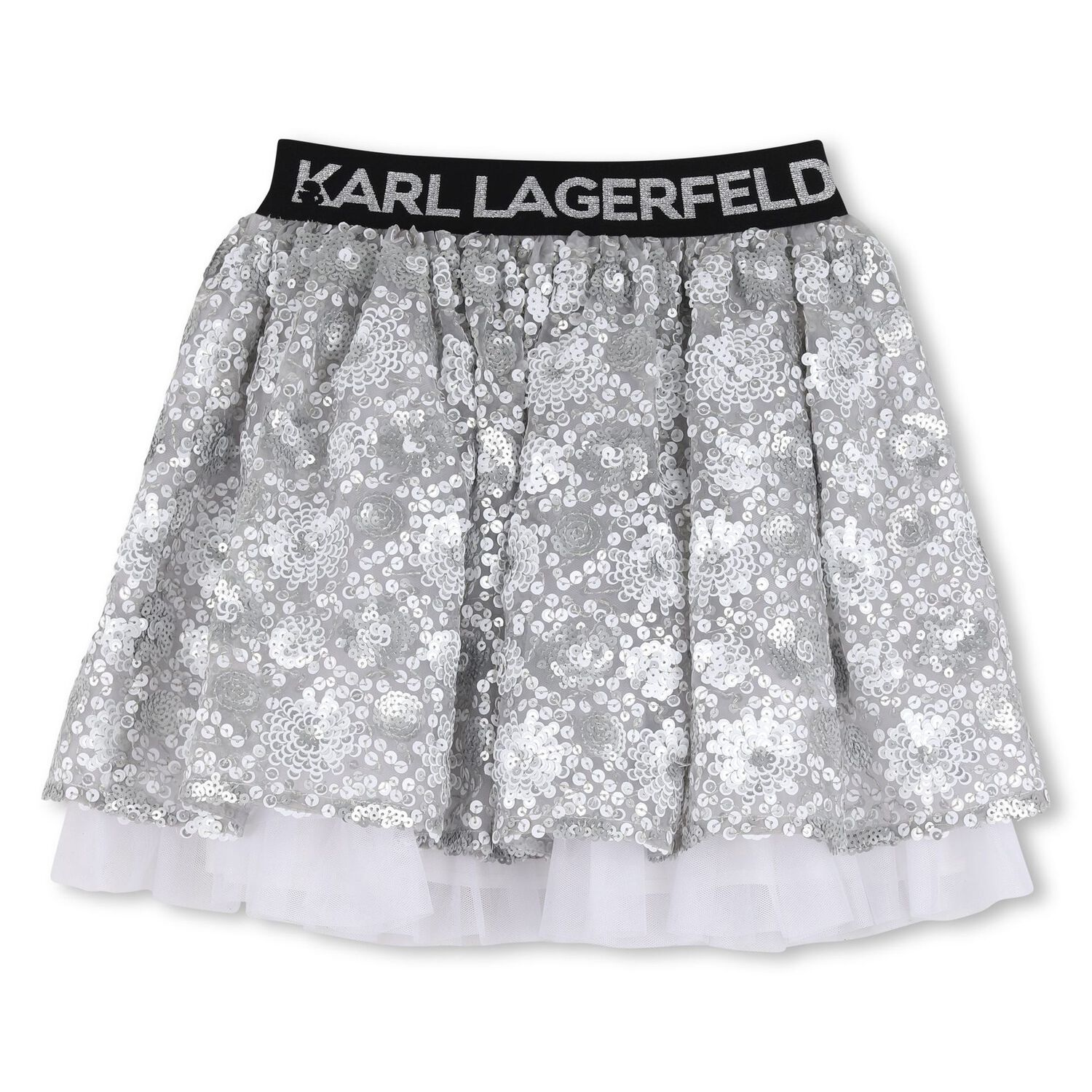 Girls Silver Sequinned Skirt, 1, hi-res