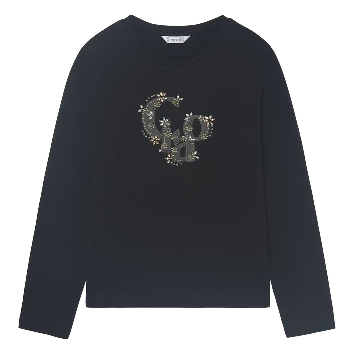 Girls Black Embellished Long Sleeve Top, 1, hi-res
