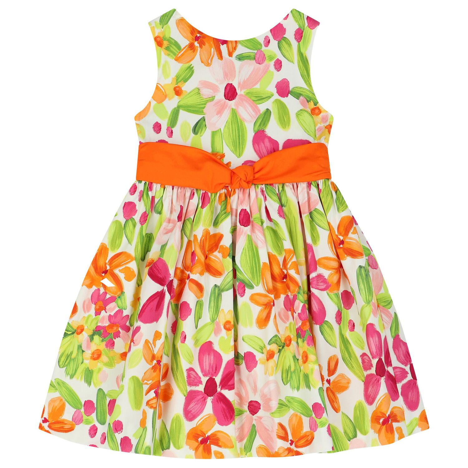Girls Green, Orange & Pink Floral Satin Dress, 1, hi-res