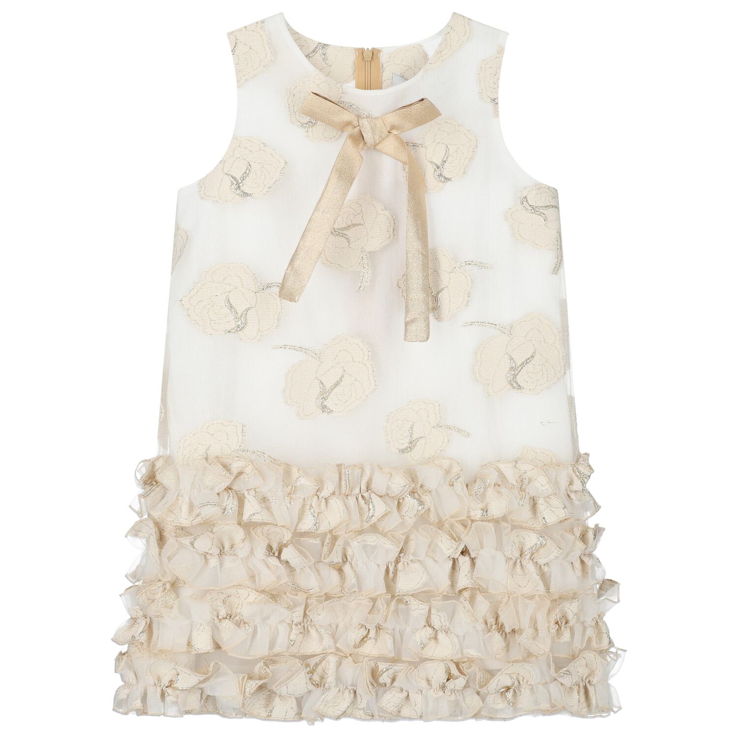 Girls Ivory & Gold Organza Jacquard Dress, 1, hi-res image number null