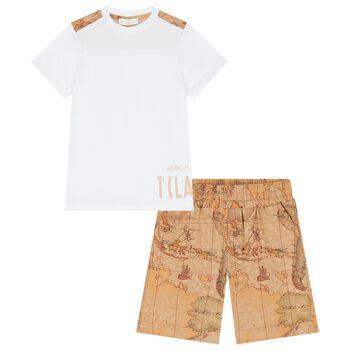 Boys White & Beige Geo Map Shorts Set