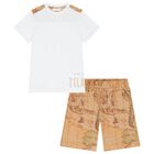 Boys White & Beige Geo Map Shorts Set, 1, hi-res