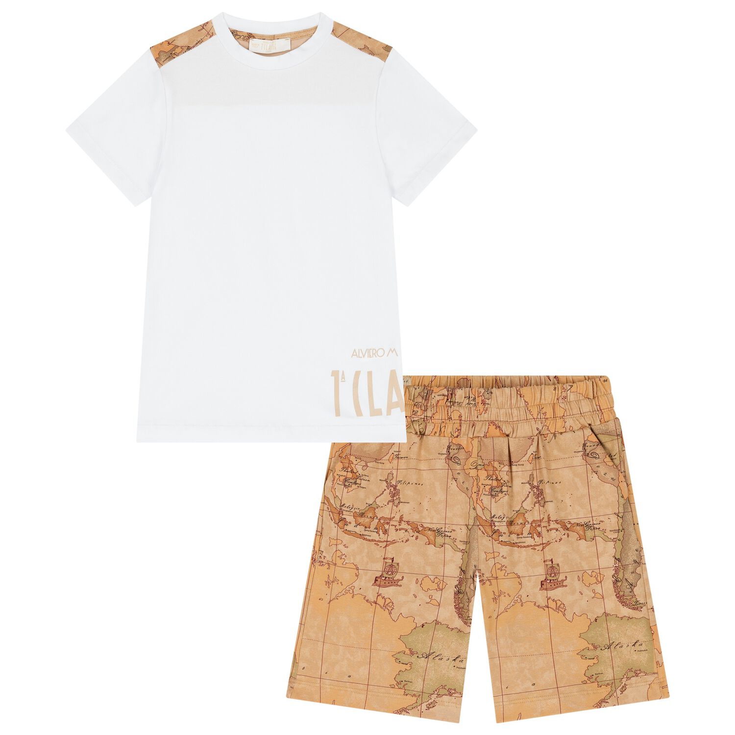 Boys White & Beige Geo Map Shorts Set, 1, hi-res image number null