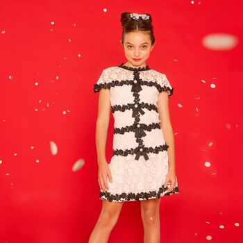 Girls White & Black Embroidered Floral Dress 
