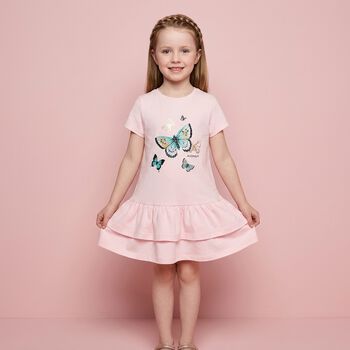 Younger Girls Pink Butterflies Logo Dress