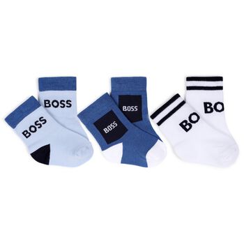 Baby Boys White & Blue Logo Socks ( 3-Pack ) 