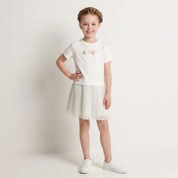 Younger Girls White & Ivory Logo Dress